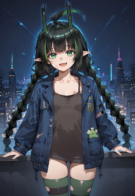 1girl, solo, solo focus, highres, absurdres, ElfinJacket, very long hair, black hair, ahoge, horns, multicolored hair, pointy ears, twin braids, green eyes, green hair, bangs, streaked hair,
blue jacket, striped thighhighs, open jacket, torn clothes, bandaid, collarbone, black shirt, long sleeves,
looking at viewer, smile, open mouth, head tilt,
cityscape, neon lights, shade, night, night sky, dark, backlighting,