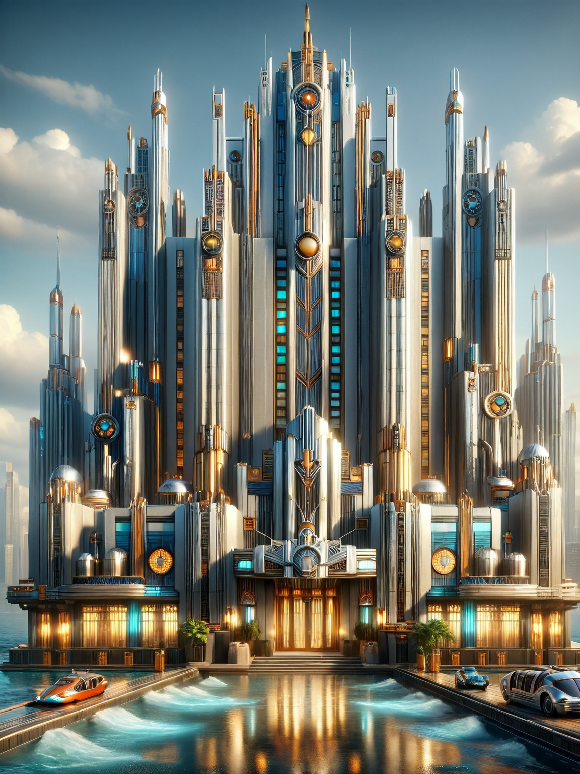 ais-artdeco, a futuristic metropolis with art-deco architecture and hovercrafts <lora:Art_Deco_Style_SDXL:1>