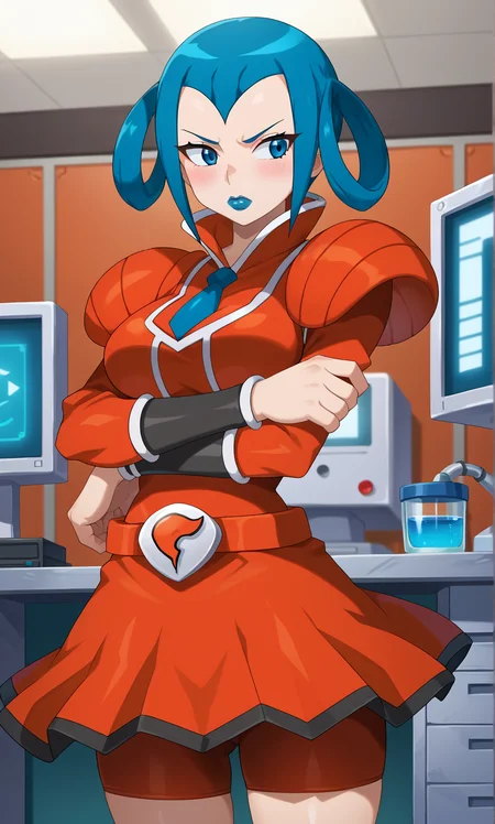 score_9, score_8_up, source_anime, pkmnmable, 1girl, solo, blue hair, short hair, hair rings, blue lips, blue eyes, orange shirt, long sleeves, orange skirt, pleated skirt, orange bike shorts, bike shorts under skirt, shoulder pads, blue necktie, belt, team flare, bracers, cowboy shot, indoors, laboratory, monitor, pouty lips, crossed arms, arms under breasts, looking to the side, blush, large breasts