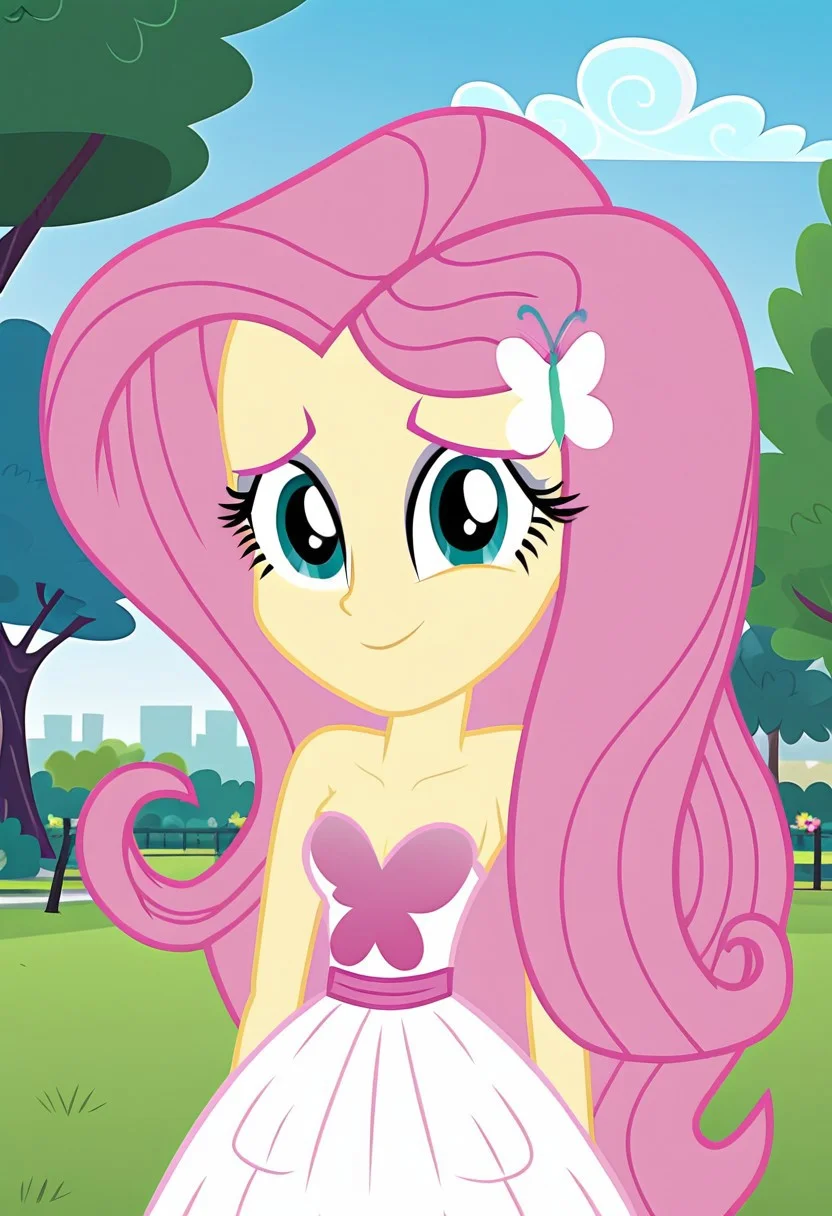 strapless white dress, blue sky, green park, outdoors, park, small breasts, strapless dress, pink butterfly, butterfly chest cover, white skirt, butterfly-shaped chest piece, looking at viewer, strapless dress, pink butterfly, Fluttershy, butterfly chest cover, white skirt, smiling, detailed eyes, detailed eyebrows, petite body, legs exposed, 1girl, solo, strapless, shy expression, ((equestria girls, show accurate:1.2)), cute, Equestria Girls