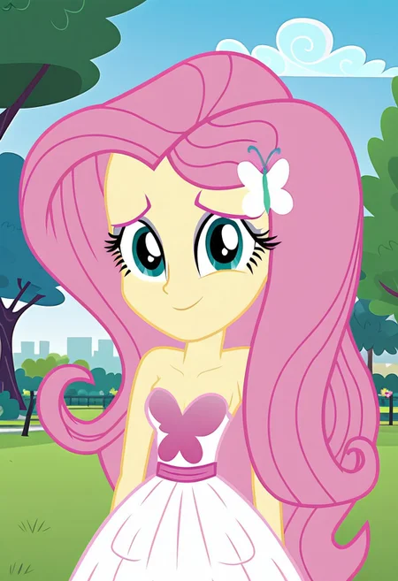 strapless white dress, blue sky, green park, outdoors, park, small breasts, strapless dress, pink butterfly, butterfly chest cover, white skirt, butterfly-shaped chest piece, looking at viewer, strapless dress, pink butterfly, Fluttershy, butterfly chest cover, white skirt, smiling, detailed eyes, detailed eyebrows, petite body, legs exposed, 1girl, solo, strapless, shy expression, ((equestria girls, show accurate:1.2)), cute, Equestria Girls