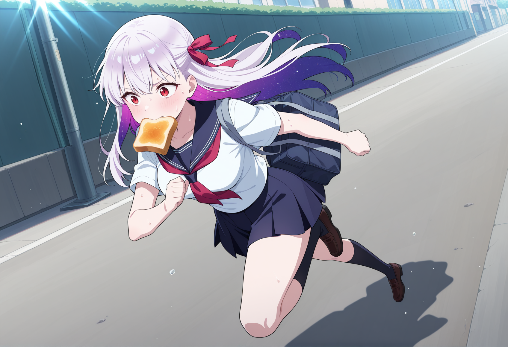 anime screencap, anime screenshot, anime coloring, 1girl, long hair, white hair, red eyes, hair ribbon, multicolored hair, purple hair, colored inner hair, lotus, serafuku, running, toast in mouth, sweat, outdoors, street, full body, worried, sunlight,  medium breasts, socks, school bag,  <lora:kama:1>, masterpiece, best quality, amazing quality, very aesthetic, absurdres, highres, newest