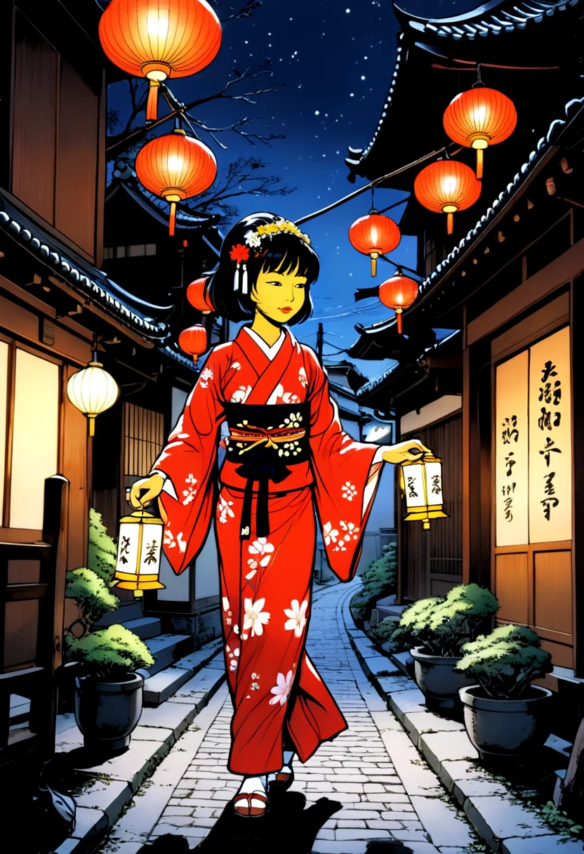 (best quality, masterpiece, absurdres, highres, ultra_detailed, dynamic angle:1.2), Yoko Tsuno <lora:yoko_tsuno-xl-v2-000014:0.7>, 1girl, walking in the streets of old Kyoto by night, sakura kimono, short black hair, red hairband, candles lighting, 1990s \(style\), traditional media, retro artstyle, graphic novels illustration, cross hatching, futuristic, sci-fi, (intricate details, hyperdetailed:1.15), (ultrahigh resolution textures), (volumetric, cinematic) lighting