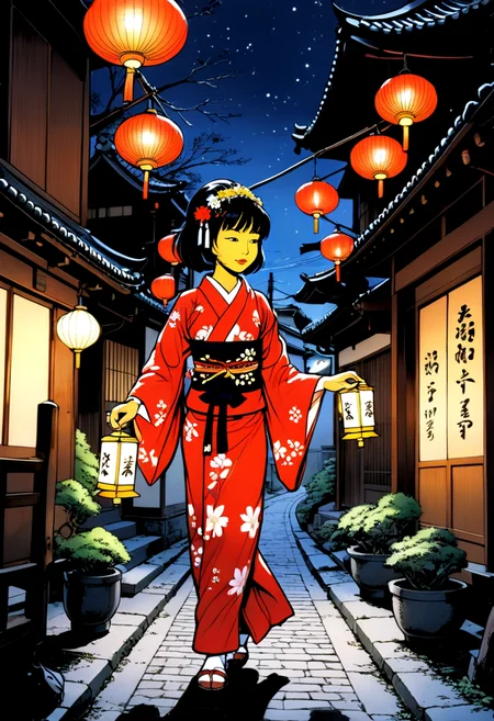 (best quality, masterpiece, absurdres, highres, ultra_detailed, dynamic angle:1.2), Yoko Tsuno <lora:yoko_tsuno-xl-v2-000014:0.7>, 1girl, walking in the streets of old Kyoto by night, sakura kimono, short black hair, red hairband, candles lighting, 1990s \(style\), traditional media, retro artstyle, graphic novels illustration, cross hatching, futuristic, sci-fi, (intricate details, hyperdetailed:1.15), (ultrahigh resolution textures), (volumetric, cinematic) lighting