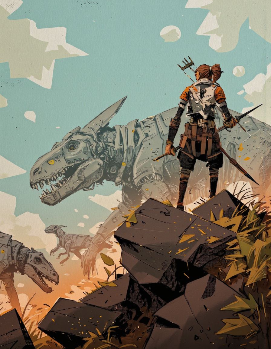 By Alex Vede. Aloy gazes across a vast horizon from a vantage point atop a hill at dawn. Beneath her, enormous robotic dinosaurs roam, their metallic parts gleaming in the soft morning light. With determination, she readies an electrically-charged arrow, planning her next move in this futuristic, primitive world.