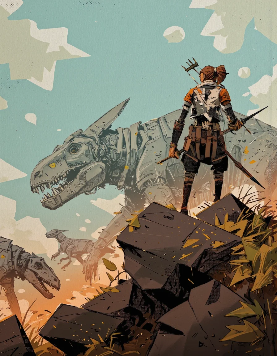 By Alex Vede. Aloy gazes across a vast horizon from a vantage point atop a hill at dawn. Beneath her, enormous robotic dinosaurs roam, their metallic parts gleaming in the soft morning light. With determination, she readies an electrically-charged arrow, planning her next move in this futuristic, primitive world.