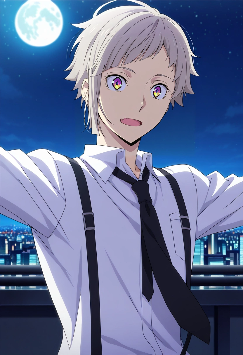 masterpiece, best quality, intricate details, anime screencap, anime coloring, official style,, 1boy, solo, male focus, <lora:atsushi_nakajima_ilxl:0.9>, atsushi_nakajima, grey hair, yellow eyes, multicolored eyes, purple eyes, short hair, white shirt, collared shirt, suspenders, black necktie, upper body, city, city lights, night, full moon, outstretched arms, skin fang, GoldenYellow Utility joggers, Quarter-zip pullover, Suede loafers, ,