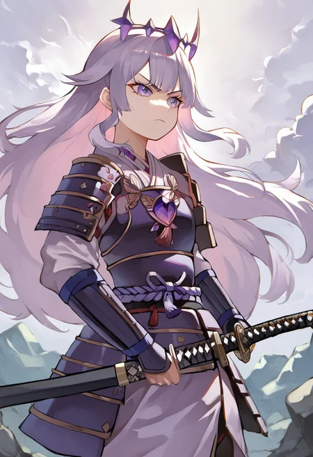 score_9, score_8_up, score_7_up, hadrian, source_anime, 1girl, boulders in back ground, stones, pepples, <lora:ChamKosekiBijouPonyXL:0.8> KosekiBijou, long hair, hair flaps, floating headpiece, <lora:samurai_armor_pony:1.1> samurai, purple clothes, holding katana, serious
