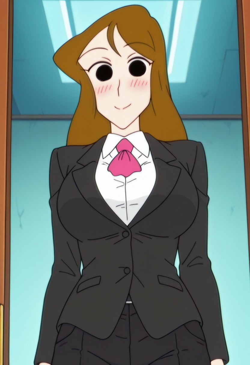 best quality, masterpiece, anime screencap, anime coloring, ultra detailed, source_anime, intricate details, perfect anatomy, 1girl, solo, looking at viewer,
woman4, brown hair, black eyes, long hair, breasts, large breasts, smile,
gradient, gradient background, jacket, looking down, black shorts, from below, blush, shorts, black jacket, closed mouth, long sleeves, shirt,