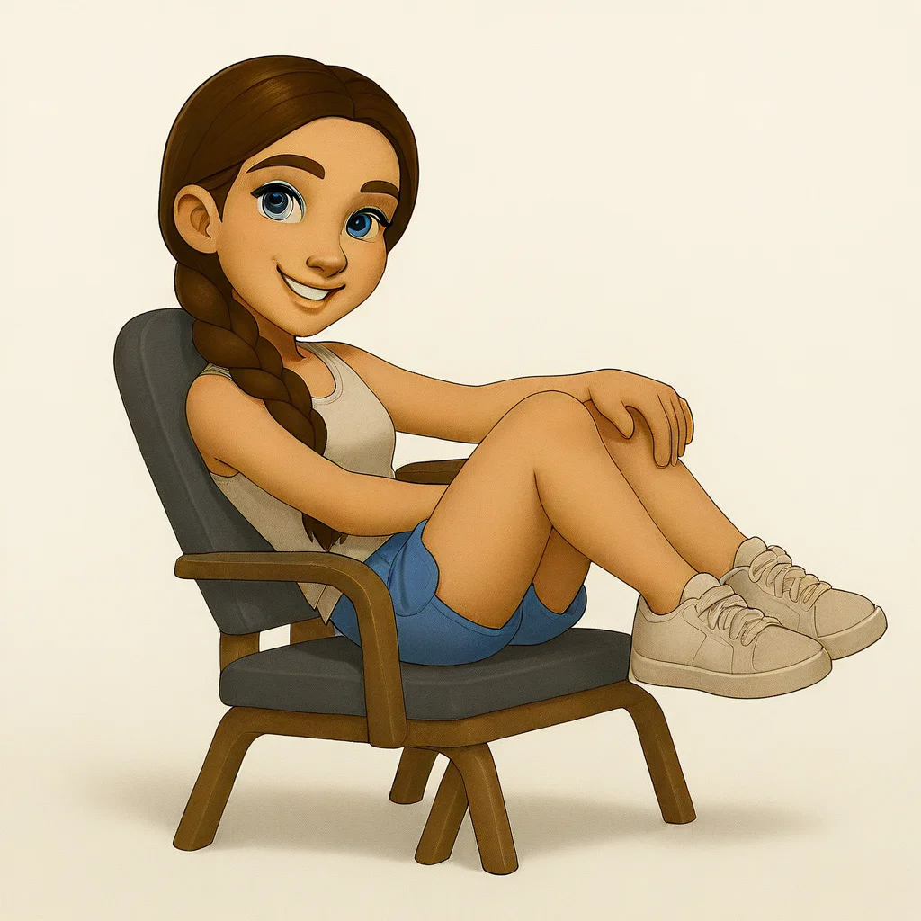antonia20, brown hair, braids, blue eyes, shorts, top, sitting on chair, pink sneakers, smiling,