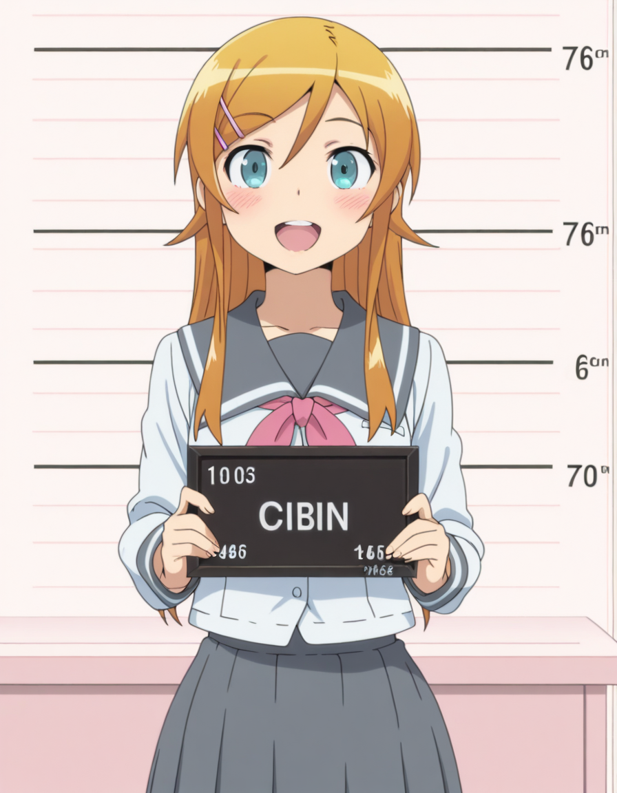 masterpiece, best quality, amazing quality,, <lora:kirino-kousaka-s2-illustriousxl-lora-nochekaiser:1>, kirino kousaka, long hair, blue eyes, hair ornament, hairclip, orange hair, aqua eyes, mature female, small breasts, anime screencap, skirt, school uniform, serafuku, shirt, white shirt, grey sailor collar, grey skirt, pleated skirt, neckerchief, pink neckerchief,, cubicle, desk, computer, partition, workspace, smile, barbie mugshot (meme) height mark, holding sign, nameplate, height chart, sign, meme, smile, open mouth, teeth, blush, cowboy shot, looking at viewer, solo,, cowboy shot, solo