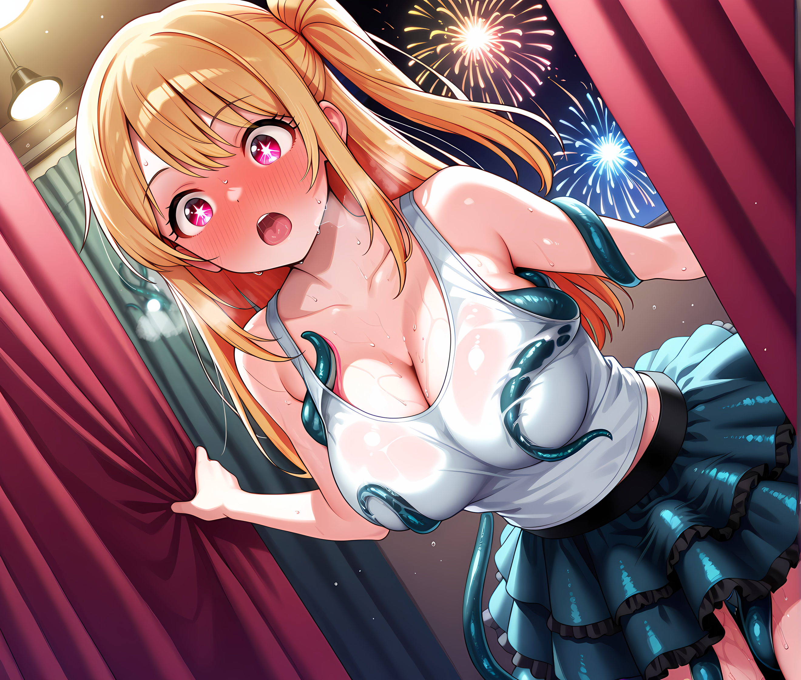 <lora:Tentacles_under_clothes>,(tentacles under clothes:1.1),upper body,indoors,stage lights,curtains,fireworks,dancing,(hoshino ruby:0.8),dutch angle,living clothes,tentacle clothes,idolmaster,frilled skirt,tank top,pantyshot,cleavage,stealth sex,hiding,sweat,very sweaty,heavy breathing,leaning forward,aroused,in heat,full-face blush,implied sex,implied paizuri,hallway,, masterpiece,best quality,amazing quality, very aesthetic, absurdres,detailed eyes,ultra-detailed,
