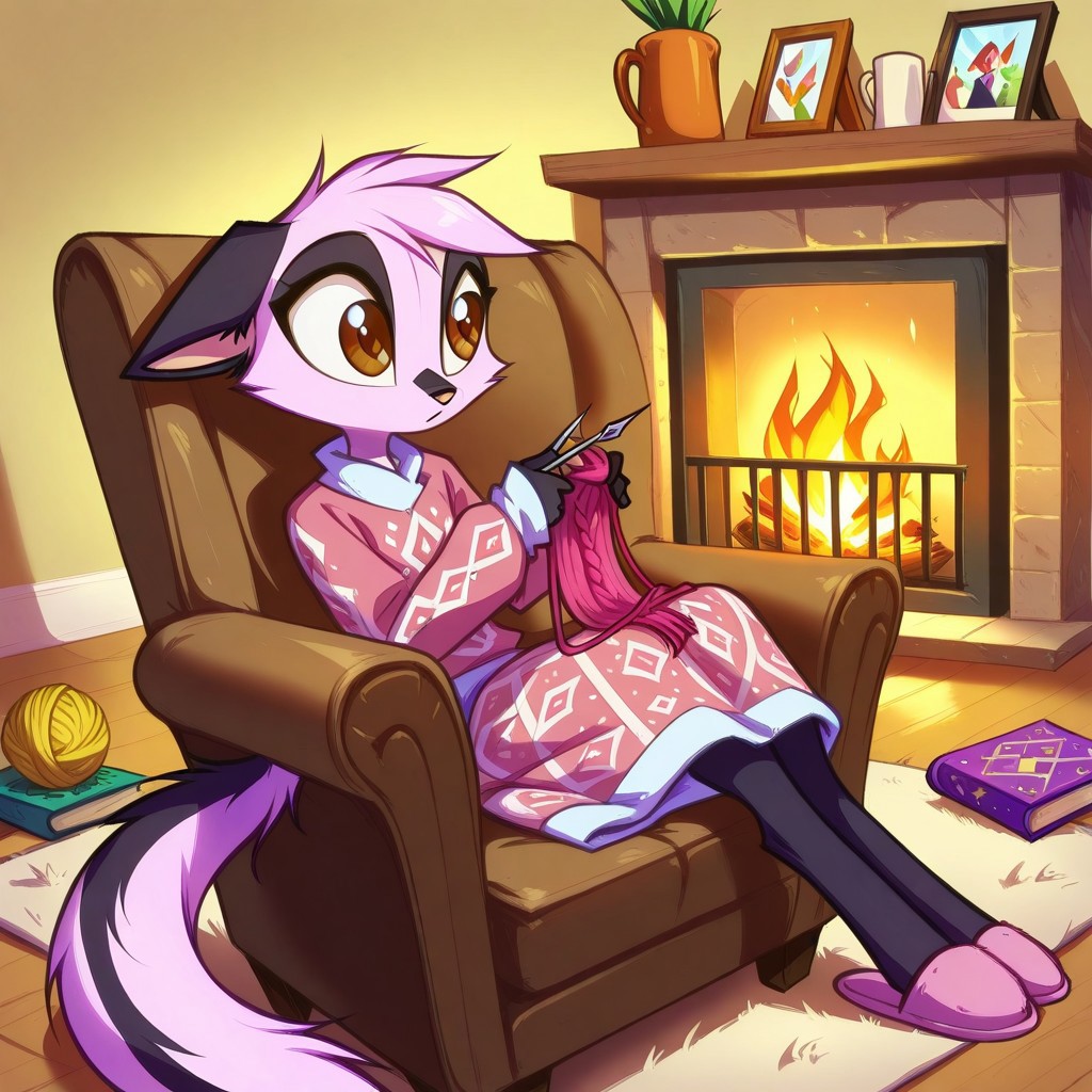 Dreamkeepers,1girl,Prelude_Vi,solo,furry,tail,source_furry,hazel eyes,
child, kid, 
knitting_needles, yarn_ball, blanket, armchair, fireplace, slippers, wool, pattern_book, A cozy evening by a crackling fireplace, someone curled up in an armchair, needles clicking as they knit rows of a soft blanket. Yarn roll slightly on the floor, a coffee mug steams on a side table, and a pattern book lies open nearby