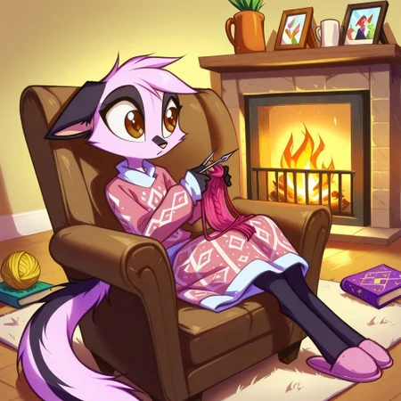 Dreamkeepers,1girl,Prelude_Vi,solo,furry,tail,source_furry,hazel eyes,
child, kid,
knitting_needles, yarn_ball, blanket, armchair, fireplace, slippers, wool, pattern_book, A cozy evening by a crackling fireplace, someone curled up in an armchair, needles clicking as they knit rows of a soft blanket. Yarn roll slightly on the floor, a coffee mug steams on a side table, and a pattern book lies open nearby