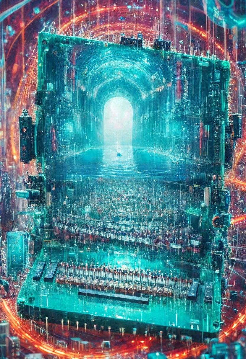 double exposure of opera diva Hatsune Miku with long floating aqua twintails singing high note merging with a printed circuit board of Yamaha electronics chip processor, <lora:DoubleExposure:1>, (head:1.8), <lora:The Phantom of the Opera style:1.5> The Phantom of the Opera style, <lora:loraeyesxl:0.4>
