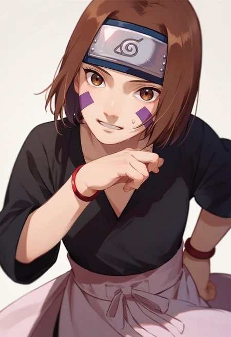 score_9, score_8_up, score_7_up, source_anime, 1girl, nohara rin, short hair, brown hair, brown eyes, purple facial mark, black shirt, long sleeves, white apron, black shorts, forehead protector, red thighhighs, bracelet, <lora:Nohara Rin 1 rep-000010:1>