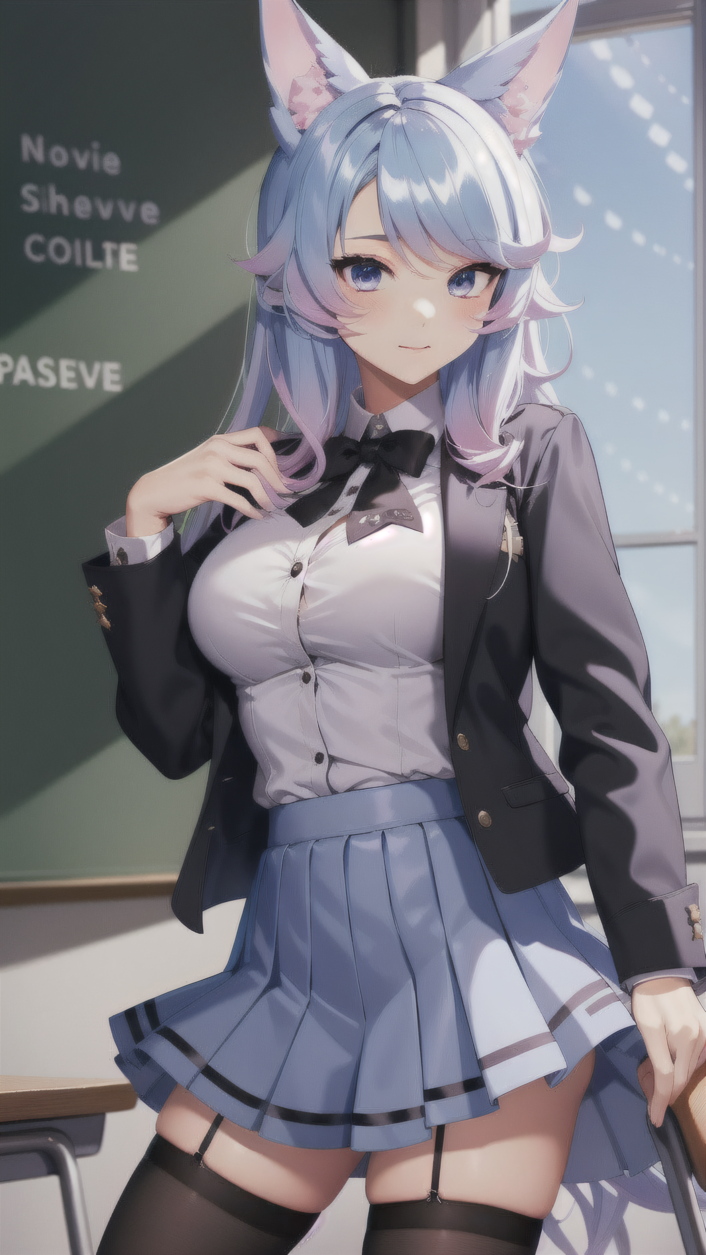 pixel-Silvervale <lora:silvervale-LoRA:0.75>, 1girl, school uniform, bow tie, jacket, white shirt, pleated skirt, black thighhighs, classroom, masterpiece, best quality<hypernet:myhands_22k:0.75>