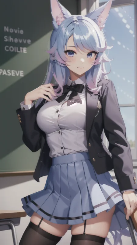 pixel-Silvervale <lora:silvervale-LoRA:0.75>, 1girl, school uniform, bow tie, jacket, white shirt, pleated skirt, black thighhighs, classroom, masterpiece, best quality<hypernet:myhands_22k:0.75>