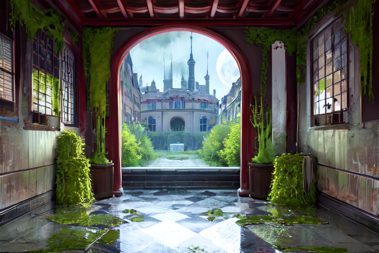 highly insanely detailed, masterpiece, top quality, best quality, highres, 4k, 8k, RAW photo, (very aesthetic, beautiful and aesthetic),  
Ancient Roman Interior Design,RomInt,fountain,low_table,open_air_light,functional_design, 
<lora:RomanInterior-10:0.6>, 
(1girl:1.3), 
1other, 
, 
very short hair,faux hawk hair,layered haircut hair,textured quiff hair,tousled waves hair,hair ornament,hairclip,hair bow, 
, 
(city outskirts) , misty , heavy fog,ruanyi0046,(alley:1.2),ruanyi0042,building,city,cityscape,dirty,garbage,peeling paint,ruins,abandoned,eerie,no humans,dark,dilapidated,made of moss,moss-covered,overgrown,(moss slime vines,mossy_surface,moss vines),slime_\(substance\),sticky slime,twigs,messy,crumbling,vegetation,trash can,poster \(object\),window,box,stairs,road,paper bag,trash bag,graffiti,street,lamppost,soda can,wall,graffiti,window,road,puddle,scenery,bottle,trash can,(marble floor,glass floor),motor vehicle,food,street,fence,brick wall,bucket,house,box,air conditioner,door,power lines,cup,stairs,paper bag,crescent moon,crescent,half_moon,cold full moon,midnight,moonlight,day,window,lattice windows,traditional lattice ceilings,cash_register,tempesta,indoors open to the outdoor nature,plant,black background,dark brown background,caramel background,(solid color background), 
,âââ
