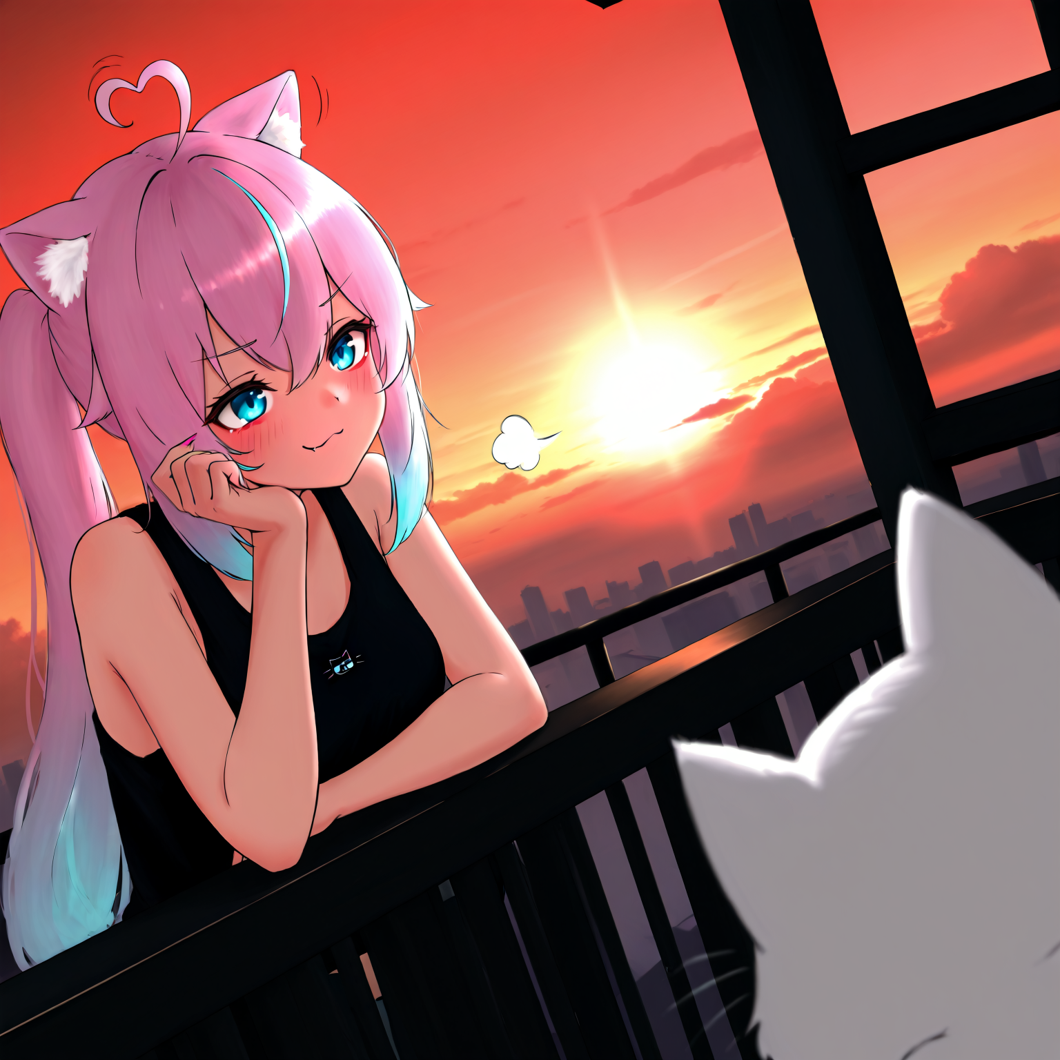 masterpiece, best quality, amazing quality, very aesthetic, absurdres,  newest, scenery,, 1girl, 
flat colors, amazing quality, solo, cat girl, blonde, blue eyes, heart ahoge, cat ears, upper body, long hair, looking afar, head rest, small breasts animal ears, tank top, balcony, red sky, outdoors, animal ears, black tank top, fang out, white cat, sleeveless shirt, twilight, railing, sky, fingernails, closed mouth, multicolored hair, skin fang, :3, heart, breasts, hand up, cloud, bare shoulders, sidelocks, smile, elbow rest, sleeveless, animal ear fluff, ahoge wag, pink nails, shirt, blush, ahoge, cloudy sky, streaked hair, pink hair, fang, blue hair, hair between eye, arm rest, virtual youtuber, flat color,
symmetry, ok_sign, annoyed, Dutch Angle (from the side:1.1) view Distance shot, and fucked in the other side by sigh., vise-ss4, masterpiece, best quality, amazing quality, very aesthetic, absurdres,  newest, volumetric lighting, scenery, <lora:last-000004:1.0>