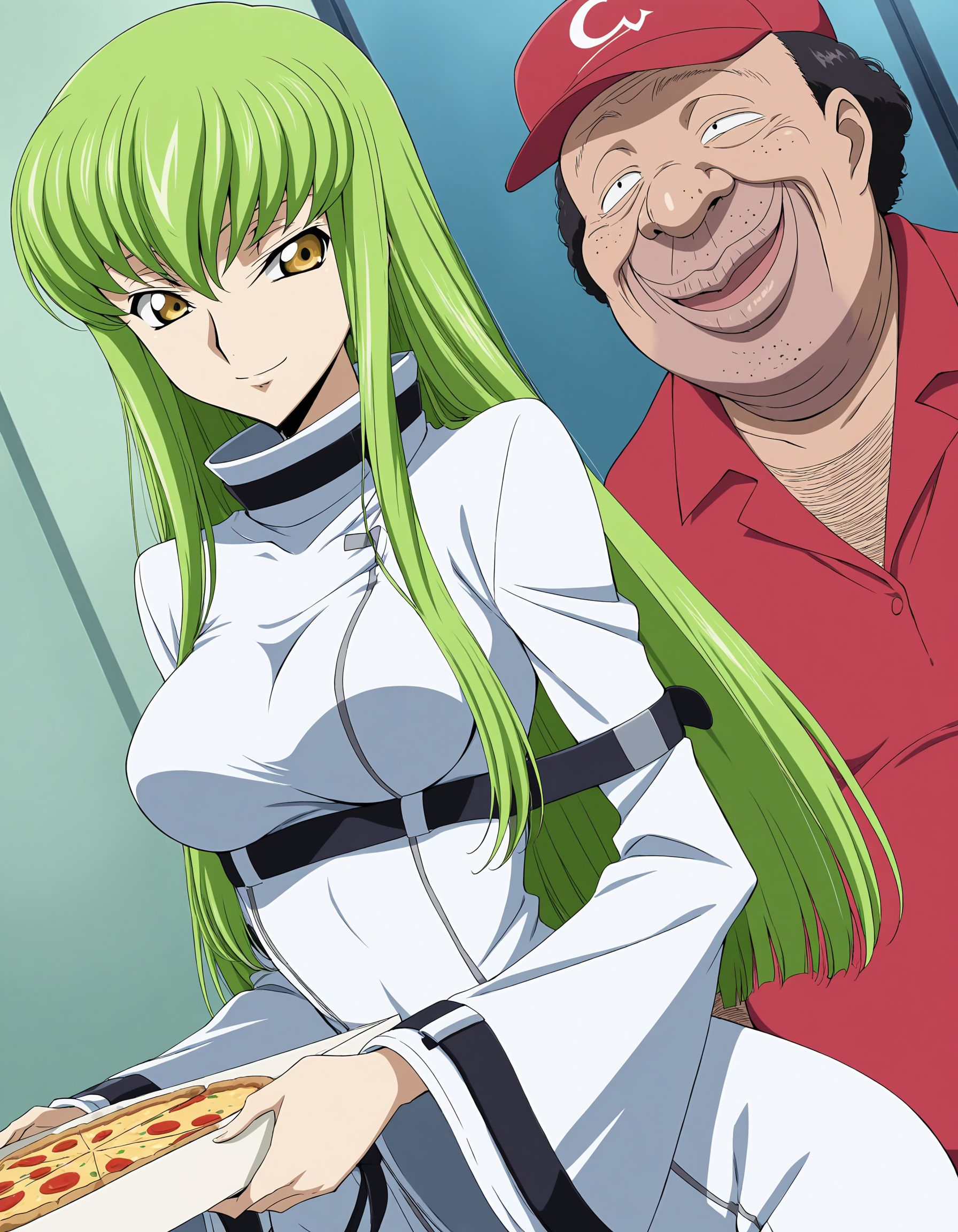 masterpiece, best quality,anime screencap, anime coloring,portrait,dutch angle,
1girl,c.c.,code geass, yellow eyes, green hair, long hair, straight hair,straitjacket, white straitjacket, wide sleeves,
<lora:Ossan-IL-Vol01:0.9>Ossan-IL-Vol01,1boy,fat man,old man,ugly man,hentai,ossan,stubble,facial hair,beard stubble,big nose,dark-skinned male,arm hair,hairy,(black hair:0.8),
(freckles:0.7),(black eyes,sanpaku:0.8),red collared shirt,hat,short sleeves,
smile,pizza delivery man, holding pizza box,, (dutch angle:1.5),