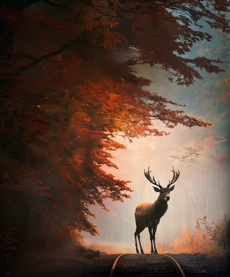 photo nature ((a large stag:2.6) stands closeup) in a clearing. crossing a railway line, between trees, small yellow tint moon horizon, <lora:detail_slider_v4:1.4>, Photo canon 4d, canon 5d, 4k high quality, high resolution, cinematic lighting, masterpiece, <lora:Autumn Woods - v1.1:0.8> leaves (green|orange|red) epiCPhoto, <lora:epi_noiseoffset2:0.2> misty
