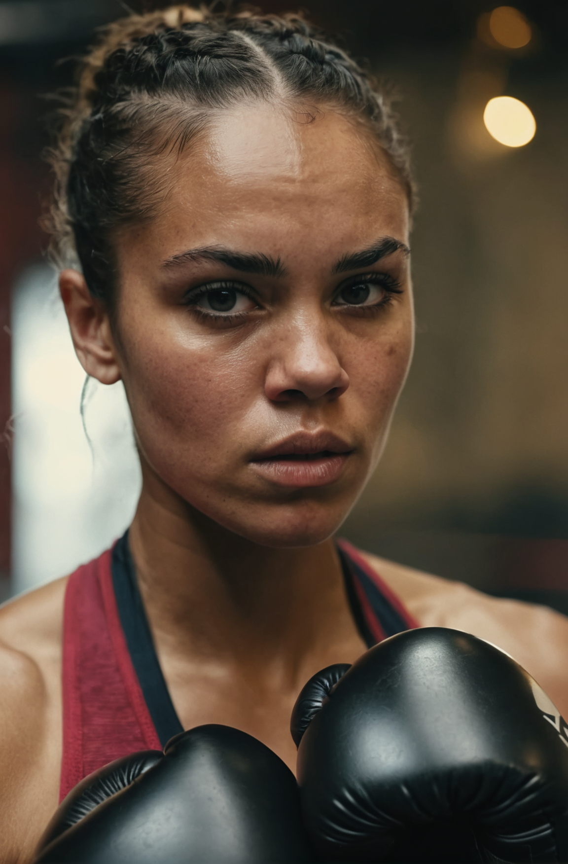 photograph close up portrait of Female boxer training, serious, stoic cinematic 4k epic detailed 4k epic detailed photograph shot on kodak detailed bokeh cinematic hbo dark moody