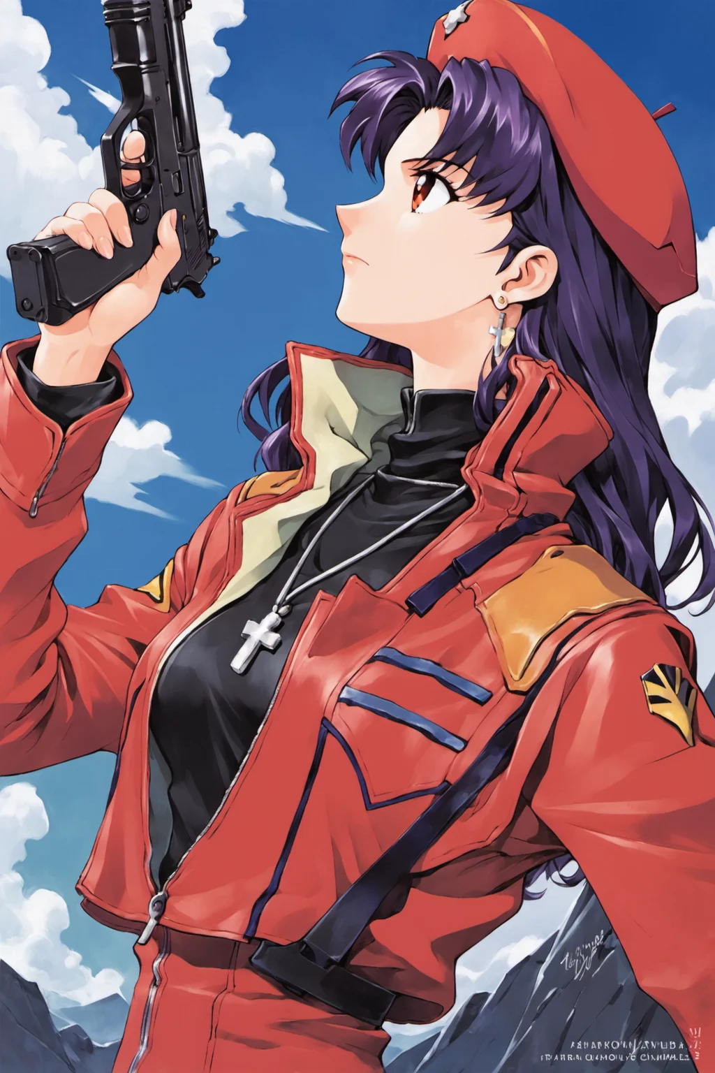 katsuragi misato,1girl,jewelry,weapon,gun,solo,hat,earrings,handgun,holding,long hair,stud earrings,holding weapon,jacket,open clothes,necklace,profile,open jacket,long sleeves,red jacket,holding gun,bangs,beret,zipper,closed mouth,purple hair,cross,black hair,turtleneck,parted bangs,upper body,web address,dress,watermark,from side,finger on trigger,fingernails,unzipped,trigger discipline,looking away,cross necklace,red headwear,uniform,cowboy shot,dutch angle,score_9,score_8_up,<lora:Sadamoto Yoshiyuki_XL_PONY:0.9>,