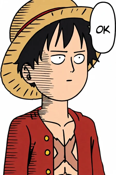 <lora:LUFFY_pony_XL:0.6>, Luffy, red jacket, scar on chest, straw hat, black hair, 1boy, solo, alone, <lora:one_punch_man_ok_meme_illustriousXL:1>, (speech bubble:1.5), english text, meme, parody, parallel lines, impact lines, white background, side view, masterpiece, highres