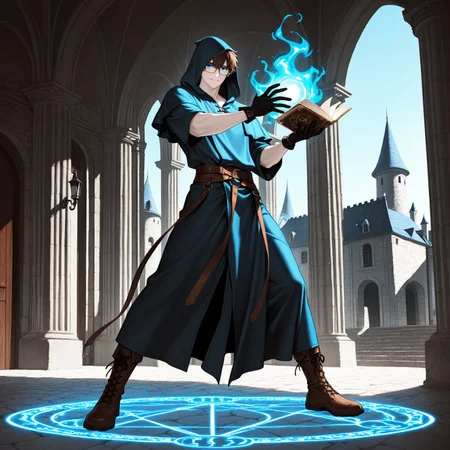 1boy, male, solo, full body, perfect anatomy, easynegative, clear eyes, BREAK 

[1boy, (Human), twink, pale skin, short hair, fluffy hair, brown hair, blue eyes, (glasses), burgandy hooded robe, hood up, brown boots, gloves, holding spellbook], BREAK

Castle, clear sky, smile, combat pose, look at viewer, magic circle, glow, summon elemental, BREAK

masterpiece, perfect quality, best quality, perfect anatomy, absolutely eye-catching, homoerotic, BREAK

((4k,8k,Ultra HD)),((Masterpiece :1.2)),((Best quality :1.2)),((Detailed :1.5)),((Detailed background :1.5))