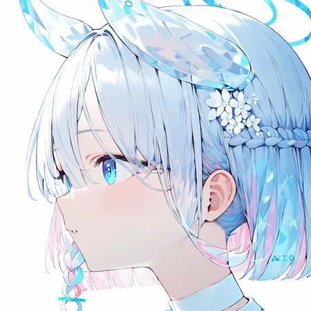 1girl,arona \(blue archive\), ,bangs, blue eyes, blue hair, braid, eyebrows visible through hair, face, flower, hair between eyes, hair flower, hair ornament, long hair, parted lips, portrait, simple background, solo, white background, white flower, <lora:transparent hair-v1:1>