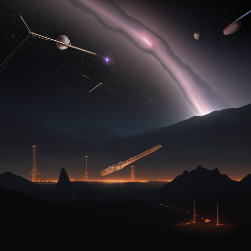 In the mining operation within Odysset's rings, massive platforms and interconnected structures sprawl across the cosmic expanse. Bright floodlights cut through the darkness, revealing workers clad in rugged space suits maneuvering among towering cranes and robotic arms. Transport vessels dart back and forth against the backdrop of the star-studded void, ferrying payloads of ore to processing facilities stationed on nearby asteroids. The scene is a symphony of activity amidst the celestial silence, with the distant glow of the planet Odysset providing a serene backdrop to the bustling industrial operation., BREAK, (sci-fi, futuristic, space, asteroid:1.4), BREAK, <lora:detailed_notrigger:1>,   <lora:Expanse_Science_Fiction_Comic_Style_SDXL:1> expnscom