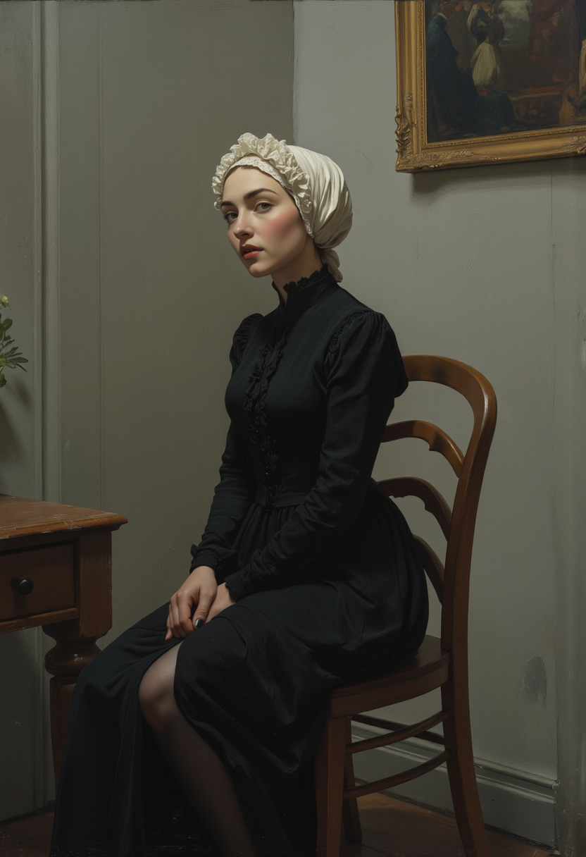 painting in the style of "Arrangement in Grey and Black No.1" by James McNeill Whistler -- A seated Mischievous  woman in profile, head facing forward, but her eyes turned slightly toward the viewer with a cheeky smile,  wearing a austere black Victorian dress  a high neckline with a slit, she is seductively and secretly   revealing her leg  stockings and garters,  white lace bonnet, hands folded in her lap.  a knowing smile, She sits on a wooden chair against a grey wall with  a frame picture, . The scene is quiet formal minimalist with soft muted tones, Mischievous vintage art,, <lora:Anime Art V3:1> <lora:aidmaMJ6.1_v0.5_3:0.5>