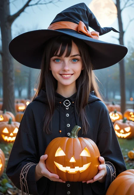 score_9, score_8_up, score_7_up, score_6_up, (masterpiece, best quality:1.2), <lora:medsonlima:.85>, medsonlima, 1girl, hat, solo, witch hat, blue eyes, halloween, holding, jack-o'-lantern, smile, looking at viewer, black hair, upper body, bow, bangs, hood, long hair, pumpkin, closed mouth, hood down, long sleeves