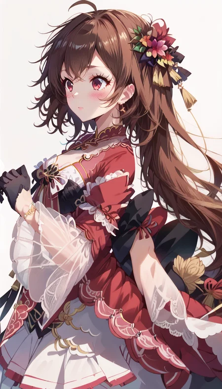 score_8_up,score_7_up,score_6_up,score_9,score_8_up,score_7,masterpiece,best quality,source_anime,blush,<lora:pony卿¼«ç»é£äºAmaiAnimePony:0.8>,<lora:Expressive_H:1>,<lora:Pony_å·é¸å¤§å:1>,1girl,bangs,brown hair,long hair,hair ornament,red eyes,dress,gloves,ahoge,black gloves,long sleeves,wide sleeves,jewelry,Chinese clothes,red dress, red footwear,detached sleeves,hair flower, ribbon,very long hair,white background, solo, looking to the side,