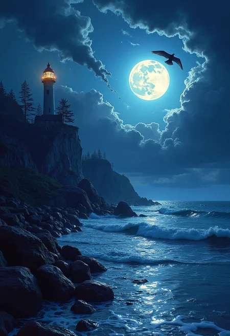 Under the eerie glow of a full moon, a dark and ominous landscape unfolds. A vibrant, colorful ship stands by the edge of a serene ocean, its vivid hues contrasting starkly with the foreboding atmosphere. In the background, a lighthouse stands atop jagged rocks, its light cutting through the darkness and reflecting off the ocean's surface, glistening in the moonlight. Thick, swirling clouds loom overhead, adding to the sense of an evil presence. The moonlight filters through the clouds, casting an otherworldly glow over the scene. A falling star streaks across the sky, adding a touch of mysticism to the night. The air is thick with a sense of ancient secrets and dark magic, as if the very night is alive with hidden power. romantic impressionism,dream scenery art,beautiful oil matte painting,romantic,style of thomas kinkade,beautiful digital painting,anime landscape,romantic painting,dreamlike digital painting,colorful painting,beautiful gorgeous digital art,style of greg rutkowski,janek sedlar,jenny saville