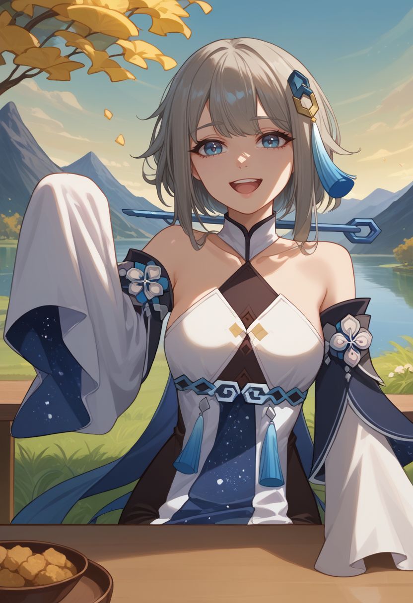 score_9, score_8_up, score_7_up, source_anime, 1girl, guizhongdef, blue eyes, grey hair, long hair, sidelocks, hair ornament, tassel hair ornament, small breasts, bare shoulders, detached sleeves, wide sleeves, long sleeves, sleeves past fingers, white dress, halterneck, chinese clothes, starry sky print, tassel, anklet, sitting, on chair, table, wooden table, head rest, elbow rest, light smile, open mouth, looking at viewer, waving, outdoors, rocks, lake, grass, mountain, portrait, close-up, upper body, facing viewer, <lora:Guizhong_v1-000010:1>