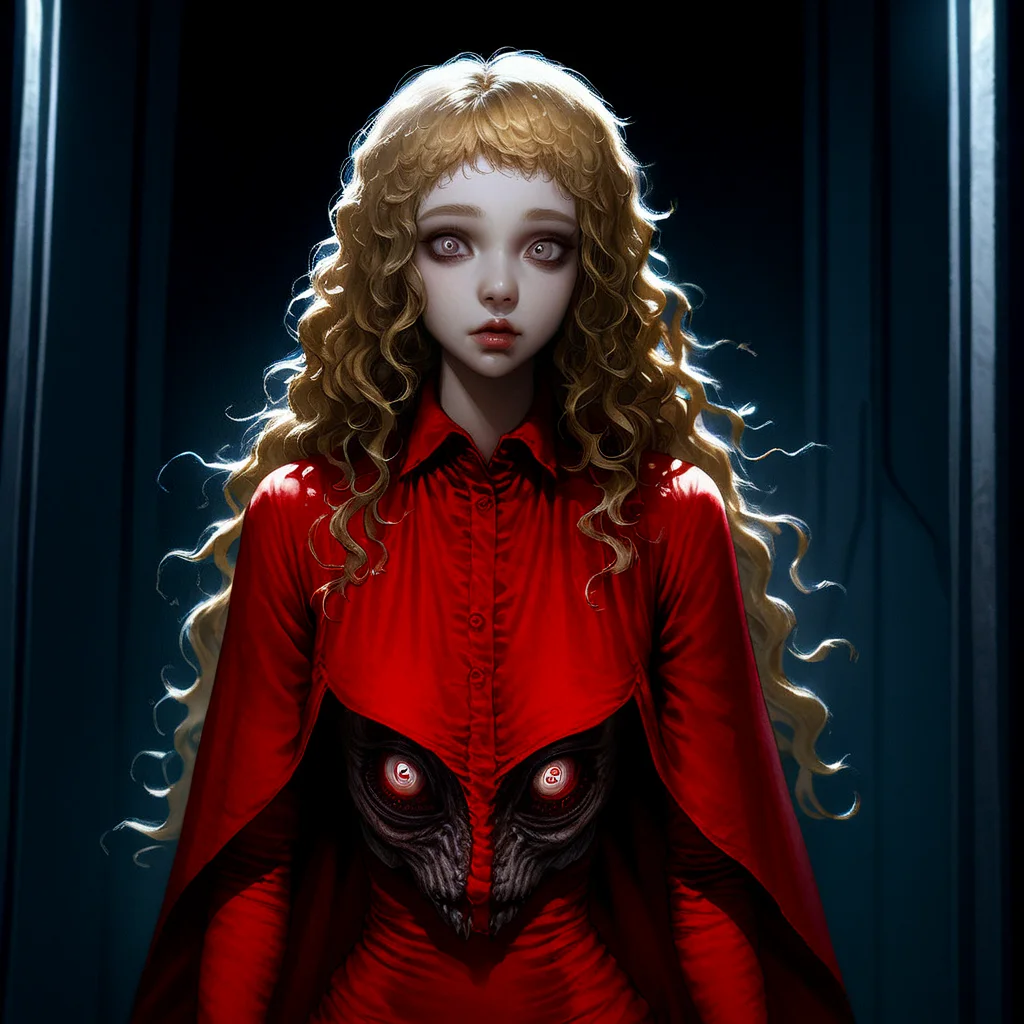 masterpiece, best quality, very aesthetic, kukrushka, 1girl, blonde hair, long hair, grey eyes, solo, lips, wavy hair, red dress, young, (realistic:0.1), spaceship interior, 1 girl with terrifying horrible eyes, transforming into a monstrous creature, chaos on a spaceship, science fiction horror, digital art, cinematic lighting, high detail, dark atmosphere, by H.R. Giger and Junji Ito, 4k resolution, intricate details, dynamic composition, intense colors, high contrast