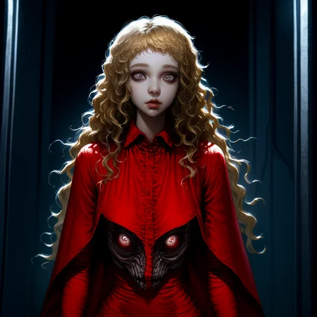 masterpiece, best quality, very aesthetic, kukrushka, 1girl, blonde hair, long hair, grey eyes, solo, lips, wavy hair, red dress, young, (realistic:0.1), spaceship interior, 1 girl with terrifying horrible eyes, transforming into a monstrous creature, chaos on a spaceship, science fiction horror, digital art, cinematic lighting, high detail, dark atmosphere, by H.R. Giger and Junji Ito, 4k resolution, intricate details, dynamic composition, intense colors, high contrast