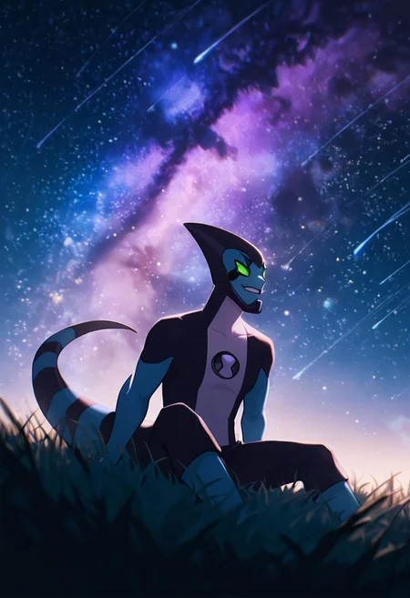 masterpiece, best quality, amazing quality, very aesthetic, absurdres, newest,, detailed background, 
 movie scene, cinematic scene, cinematic, foreground blur, depth of field, 
xlr8, blue skin, green eyes, 1boy, stripped tail, reptile tail, green sclera, pokemon (creature), alien, black chin, black tear streaks, 
sitting on grass, leaning back, looking at stars, from bbelow, grass, night sky, shooting stars, galaxy, smile, grin,