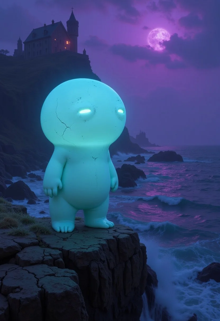 It stood on the edge of the world, a tired, luminescent blob creature, glowing softly.
Below it, the ocean stretched endlessly. In the distance, an old castle melded into the hill, its crumbling towers and walls half-swallowed by the rock, spectral and unmoving.