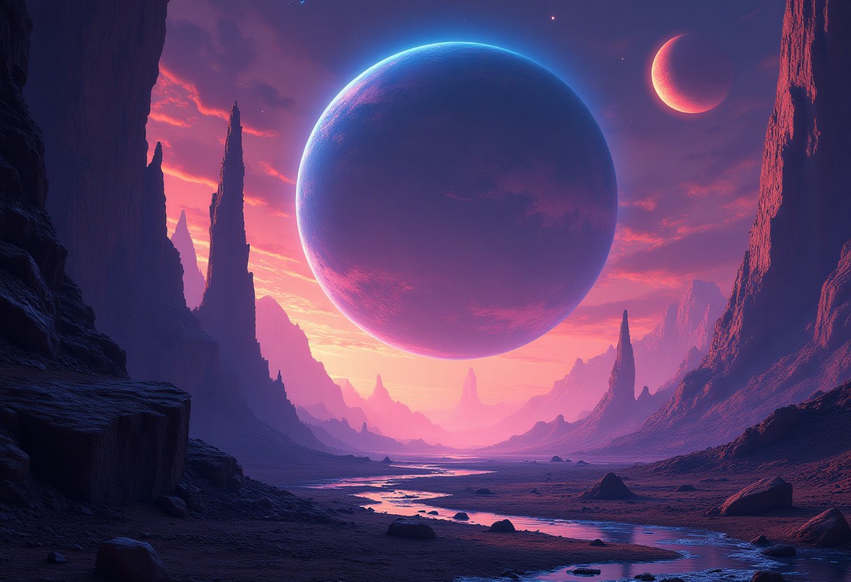 Alien planet landscape by Alena Aenami, Christopher Balaskas, Noah Bradley, Kilian Eng, Beeple, Hyperdetailed, concept art, cinematic composition.