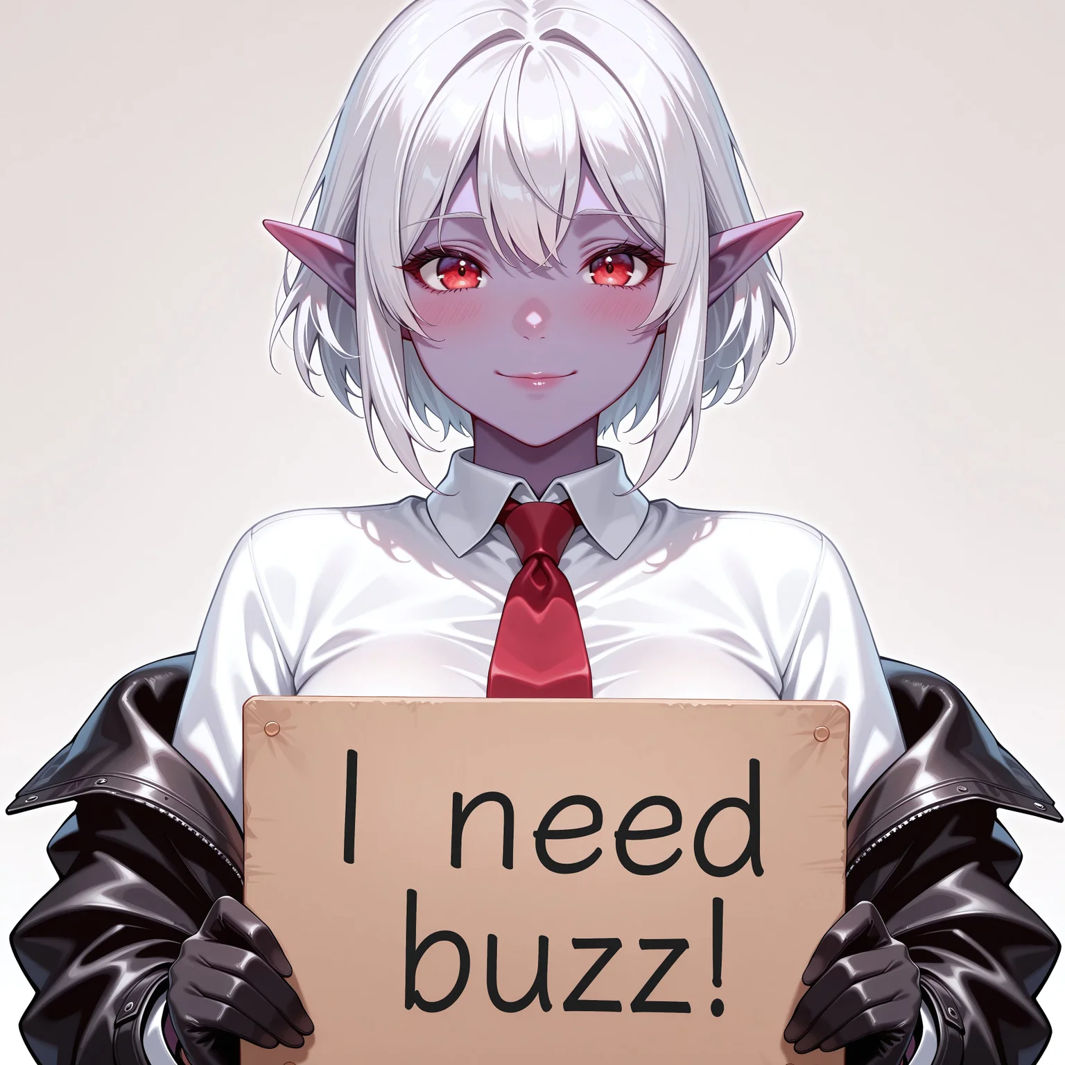 score_9, score_8_up, score_7_up, score_6_up, anime, beautiful, stunning, masterpiece, best quality, amazing quality,
need_buzz, holding sign, need_buzz
minthara, white hair, dark elf, red eyes, short hair, purple skin
1girl, solo, gloves, shirt, necktie, black gloves, looking at viewer, red necktie, breasts, short hair, white shirt, jacket, upper body, simple background, black jacket, collared shirt, off shoulder, , open clothes, open jacket, Light Smile,