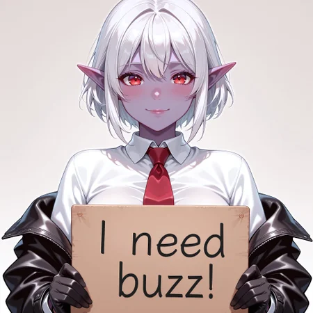 score_9, score_8_up, score_7_up, score_6_up, anime, beautiful, stunning, masterpiece, best quality, amazing quality,

need_buzz, holding sign, need_buzz

minthara, white hair, dark elf, red eyes, short hair, purple skin

1girl, solo, gloves, shirt, necktie, black gloves, looking at viewer, red necktie, breasts, short hair, white shirt, jacket, upper body, simple background, black jacket, collared shirt, off shoulder, , open clothes, open jacket, Light Smile,










