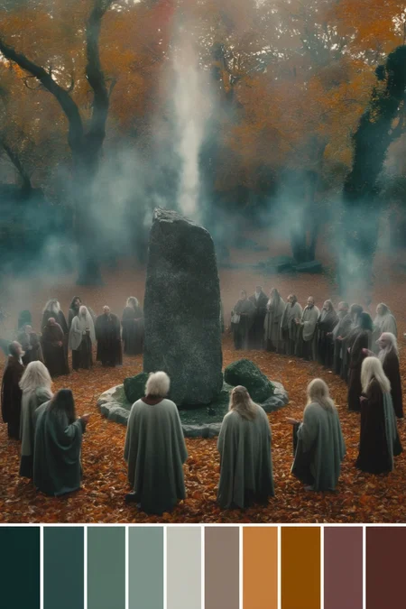<lora:Cinema Color Palette:1>Color Palette - A mystical grove during the autumn equinox. Druids perform a ritual around a stone circle, their robes rustling in the wind.