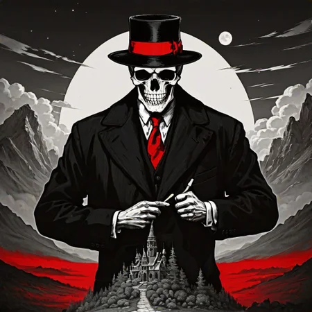 Skeleton man, black coat, hat, red tie, neck spine not visible, night. Frowning.
