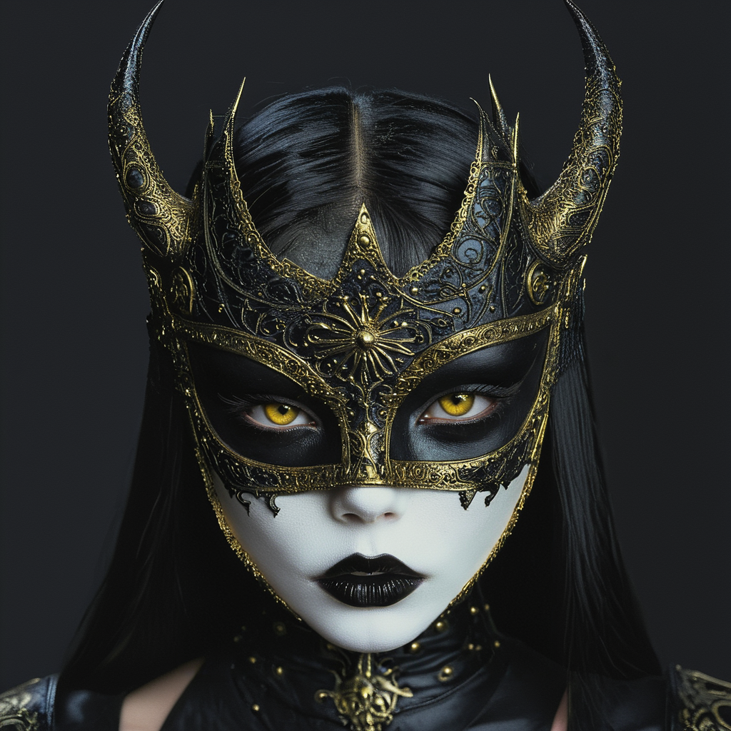 <lora:GothicDarkFantasyMovieSDXL:1> ArsMovieStill, Gothic Dark Fantasy movie still, The image is a close-up portrait of a woman's face and upper body. She is wearing a black and gold mask with intricate designs and patterns. The mask is made of a dark material possibly leather or metal and has a large ornate crown-like design on top. The crown is intricately designed with a large eye in the center and two pointed horns on either side. The woman's eyes are dark and dramatic with dark eyeliner and mascara on her lips. She has long dark hair that is pulled back in a sleek straight style. Her face is painted white with a hint of black lipstick on her cheeks and nose. The background is dark and out of focus making the mask stand out even more. The overall mood of the image is dark mysterious and edgy., 1girl, solo, looking at viewer, yellow eyes, portrait, black lips, black background, pale skin, black hair, simple background