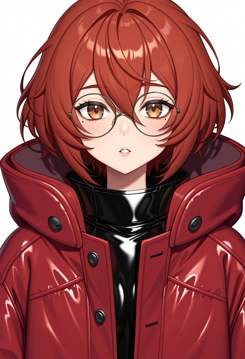 soumakira, highres, official_art, parted lips, looking at viewer, round eyewear, detailed face, freckles, red hair, brown hair, hair between eyes, mole under eye, oversized jacket, shiny clothes