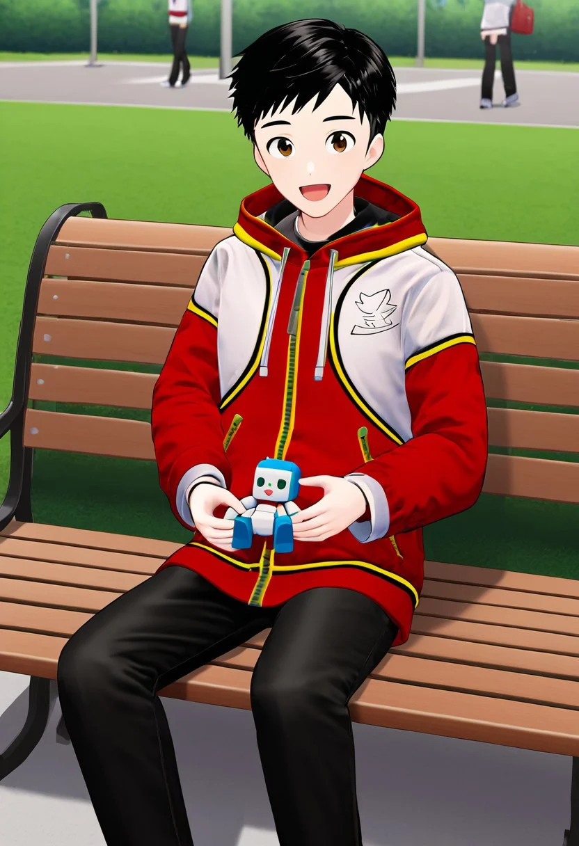 harmard, black hair, short hair, brown eyes, 1boy, (solo:1.20), solo focus, red_white_jacket, black pants, at park, happy expression, sit on bench, holding a robot toy