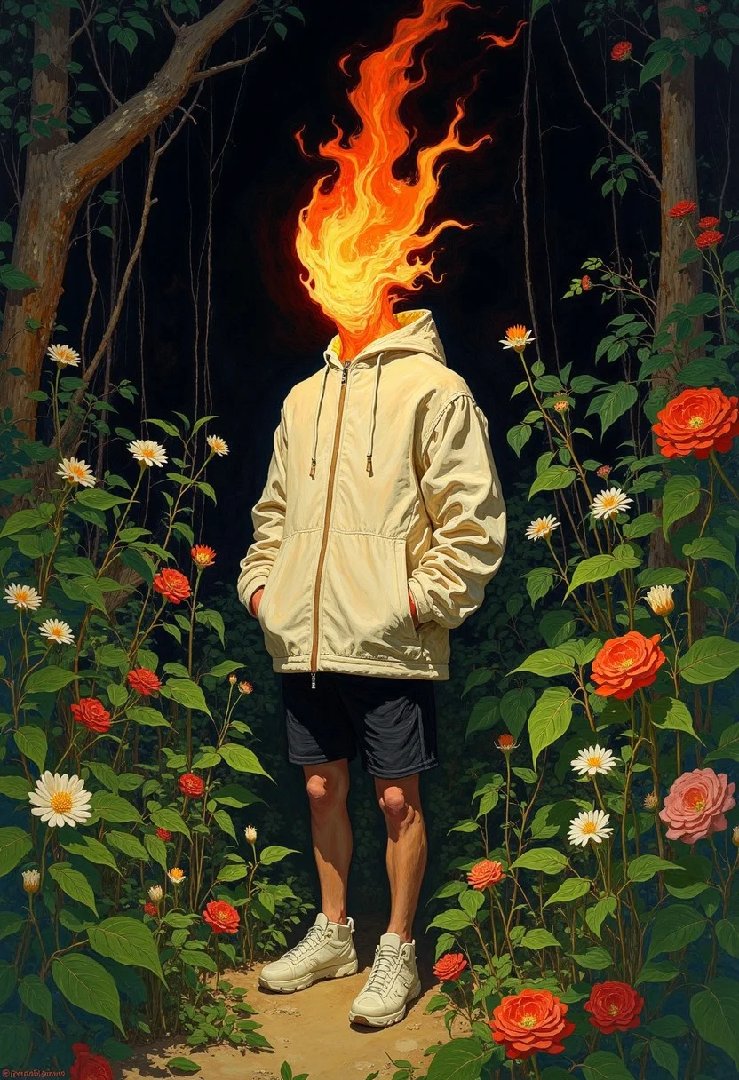 DB4RZ style painting, person with head replaced by flames, standing in the middle of dense foliage with various plants and flowers, wearing a light-colored jacket and black shorts, dark background with hints of trees and plants